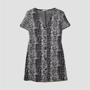 Mango Black White Snake Print Mini Dress Short Sleeve Button Front Stretch XS
